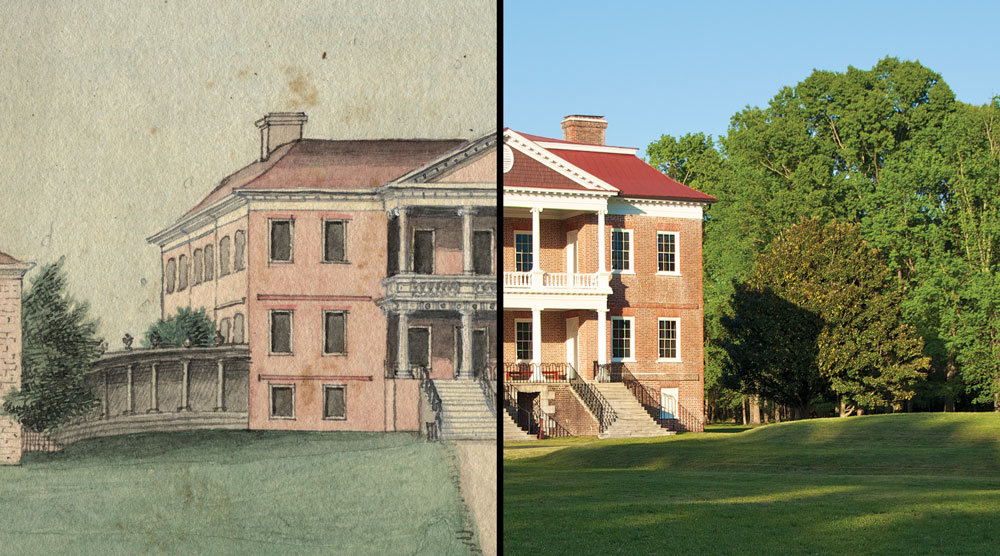 Fig. 1: Drayton Hall Past and Present. A section of a watercolor image of Drayton Hall completed by Pierre Eugène Du Simitière in 1765 is shown left, © J. Lockard 2010, used with permission; a section of a recent photograph of Drayton Hall by Charlotte Caldwell is shown right. Montage image courtesy of Drayton Hall.