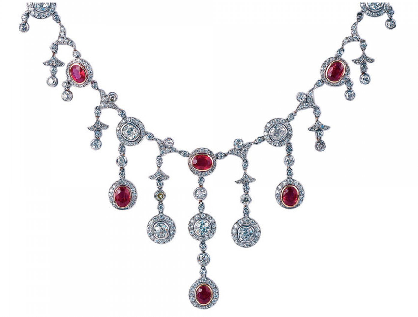 Edwardian Burma Ruby and Diamond fringe necklace. Offered by Pat Saling.