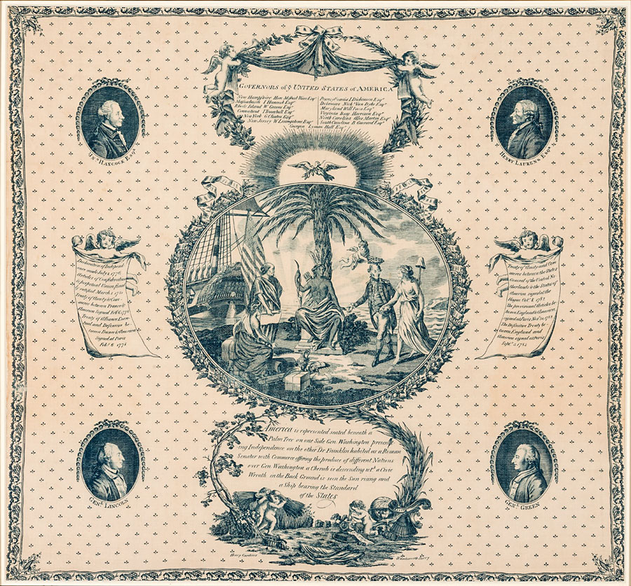 Fig 1: Handkerchief printed by Henry Gardiner, Wandsworth, Surrey, about 1792. Gift of Henry Francis du Pont (1959.957).