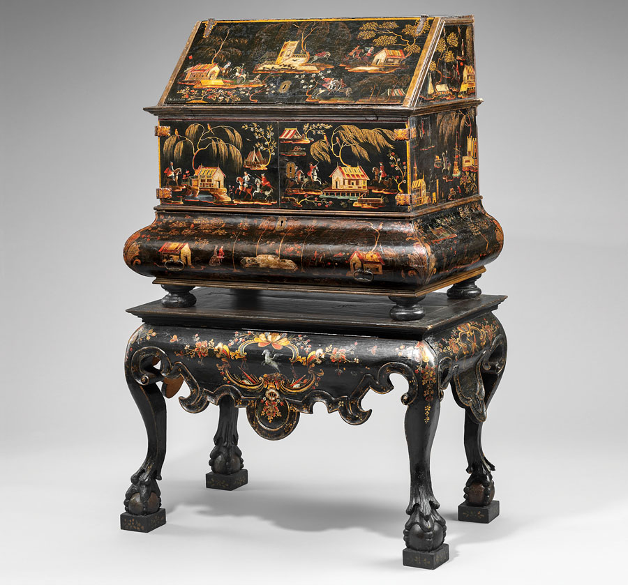 Fig. 10: Desk-on-stand, José Manuel de la Cerda (active mid-18th century), Pátzcuaro, Mexico, about 1760. Linden wood with Mexican lacquer and polychrome decoration, Spanish cedar. H. 61, W. 403⁄16, D. 24 in. The Hispanic Society of America, New York (LS1642).