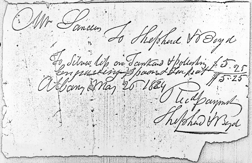 Fig. 3: Receipt from Shepherd & Boyd (1806–1830), Albany, N.Y., dated May 26, 1824. Collection of the New-York Historical Society.