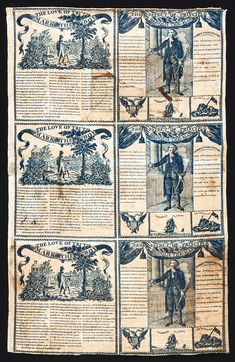 Fig 4: Series of uncut handkerchiefs printed by the Germantown Printworks, about 1825. Used as the lining of a trunk. Museum purchase acquired through the bequest of Henry Francis du Pont (2008.9).