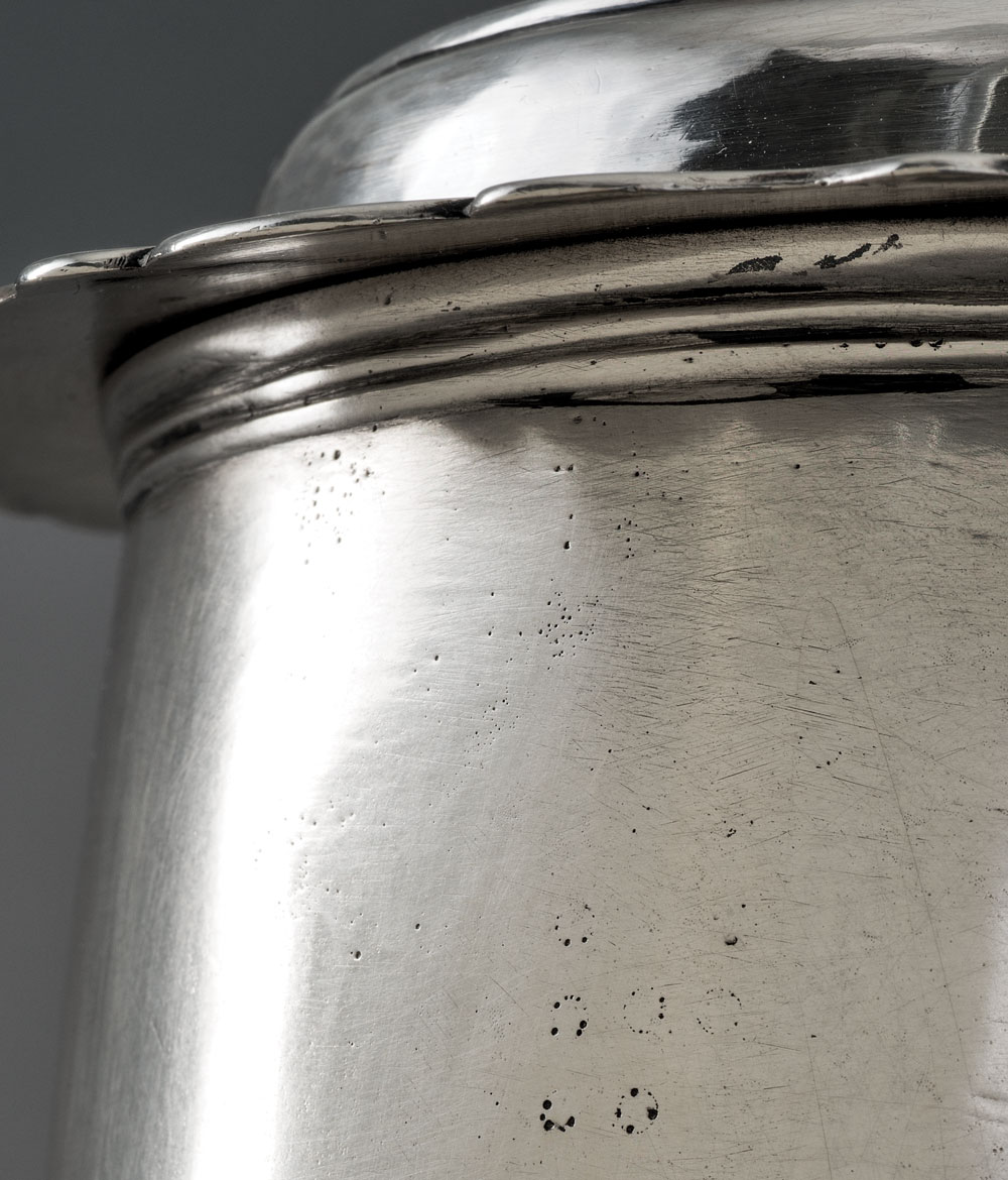 Fig. 7: Evidence of previous spouting and repair on exterior of Jacob Gerritse Lansing tankard, shown in fig. 1, right.