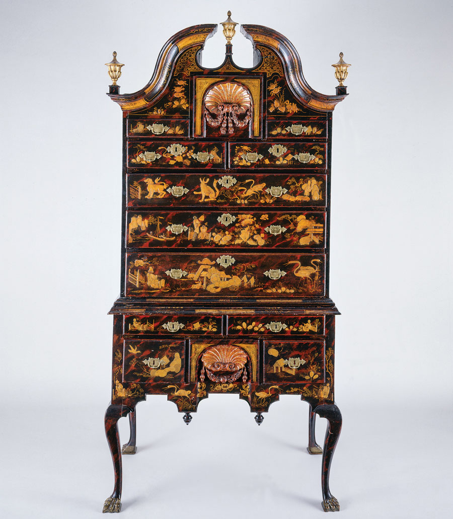 Fig. 8: High chest, John Pimm (active by 1735, died in 1773), Boston, 1730–1739, japanning attributed to Robert Davis (died in 1739). Soft maple, white pine, mahogany, with japanned decoration. H. 85¼, W. 42, D. 25¼ in. Winterthur Museum; Gift of Henry Francis du Pont (1957.1084).