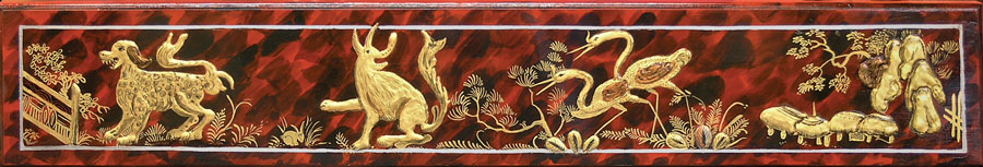 Fig. 9: Replica japanned drawer front, Christine Thomson, Salem, Mass., 2015. Japanned decoration on maple. Museum of Fine Arts, Boston. Photography by Christine Thomson.