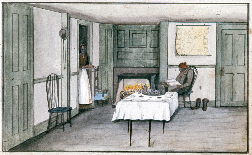 Fig. 10: Joseph Shoemaker Russell (1795–1860), Dining room of Dr. Whitridge, Tiverton, Rhode Island, ca. 1848–53, depicting a scene of 1814–1815. Watercolor on paper, 71⁄16 x 9½ inches. New Bedford Whaling Museum, Mass. The roaring fire in the Franklin stove and the doctor’s attire indicate the season is winter. The family is about to enjoy a delicious breakfast of “Pot-Apple-pie.”