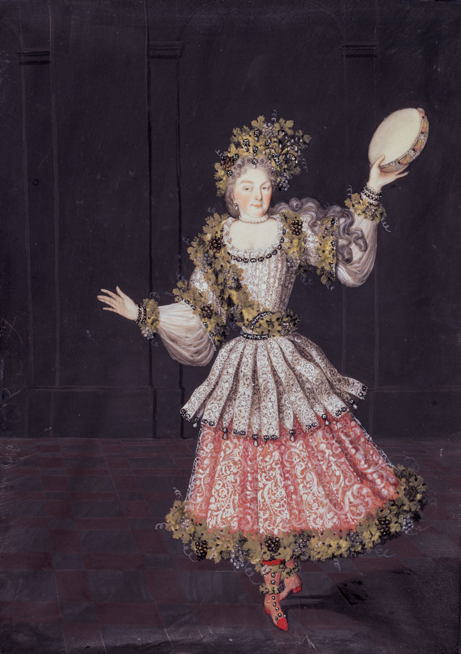 Fig. 15: Portrait of Sibylla Augusta (1675–1733) as a “Bachante,” in the “Masquerade” series, German, 1700–1706. This is one of more than fifty portraits integrated into the Mirror Cabinet that depict the Margravine’s family dressed in exotic costumes. Commissioned to record royal festivities, these portraits were produced presumably by a Rastatt court painter whose identity has yet to be established. Photography by Landesmedienzentrum Baden-Wuerttemberg.