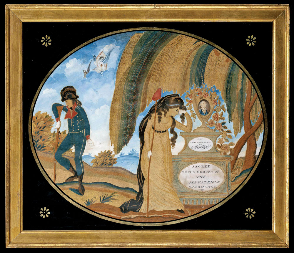 Fig. 1: Memorial to George Washington, attributed to Samuel Folwell and unidentified student of Mrs. Folwell’s. Philadelphia, Pa., ca. 1805. Silk, ink, and paint on silk. 26 x 21 inches. Inscriptions read, “Thy loss ever shall mourn” and “Sacred to the memory of the illustrious Washington.” Museum Purchase (1956.604).
