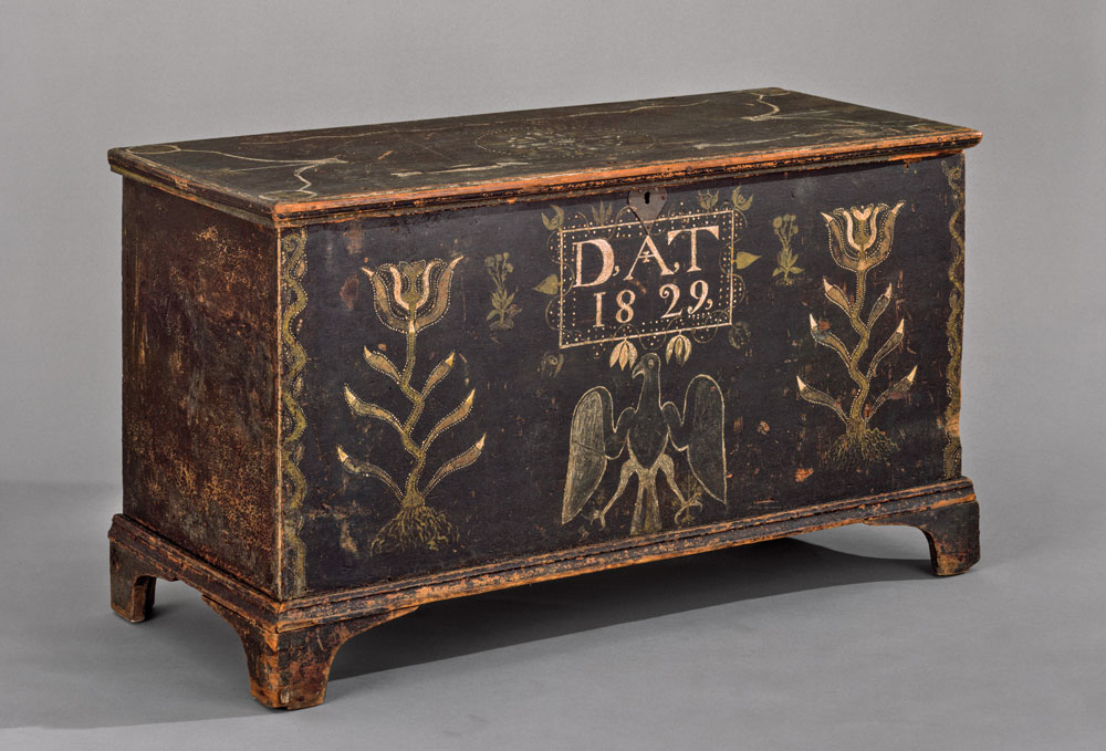 Fig. 3: Blanket chest, possibly Greene County, Tenn., 1829. Tulip poplar, yellow pine, tinplate, iron and paint. H. 27-3/4, W. 48-3/4, D. 22-1/4 in. Museum purchase (1985.2000.1).