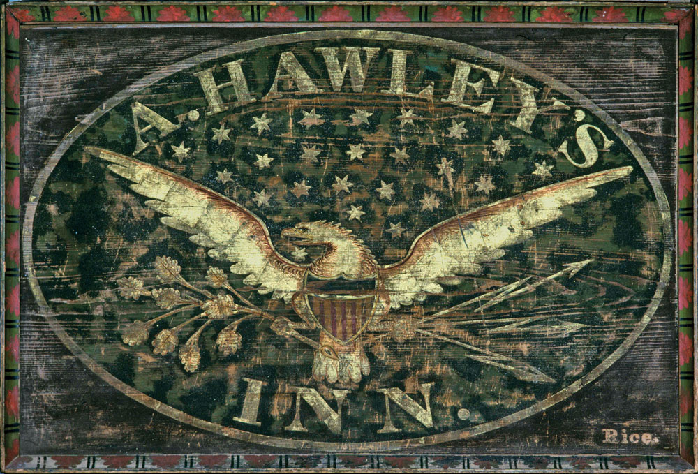 Fig. 4: Inn sign, by William Rice, Hartford, Conn., ca. 1830. Wood, paint, gilding, sand and mica, with iron brackets. H. 37⅞, W. 56⅛, D. 3¾ in. Museum Purchase (1975.707.1).