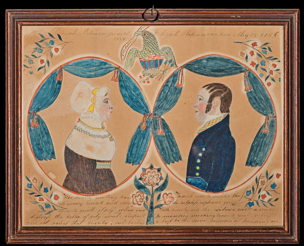 Fig. 5: Portrait of Elijah Robinson and Hannah Castino Robinson, by Aruba (Ruby) Brownell Devol Finch, Westport Point vicinity, Mass., ca. 1830-1835. Watercolor, gouaches, brown ink, graphite, and wove paper, 7 x 9 inches. Museum Purchase (1966.300.1).