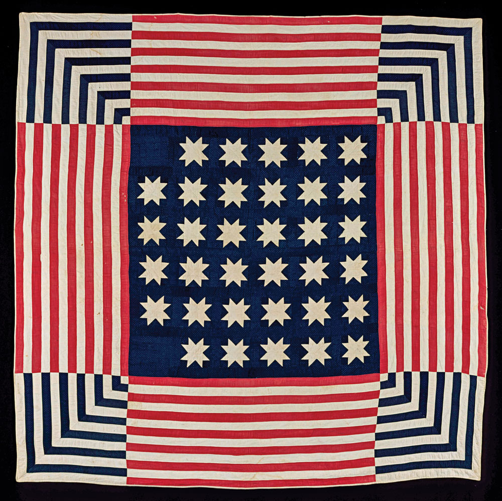 Fig. 8: Patriotic Stars quilt, United States, ca. 1861–1875. Plain and printed cottons, 92 x 91¾ inches. Museum Purchase, From the Estate of Foster and Muriel McCarl by the Friends of Colonial Williamsburg Collections Fund (2012.609.4).