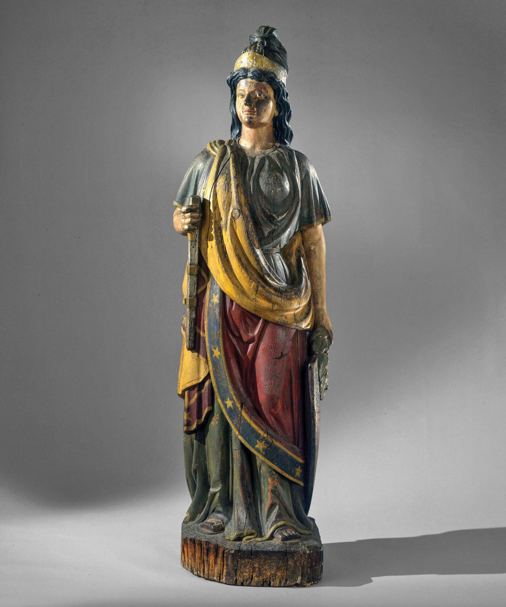 Fig. 10: Columbia carving, probably New York, N.Y., ca. 1875–1900. White pine and paint. H. 78, W. 21, D. 21-1/2 in. Museum Purchase (1962.701.1).