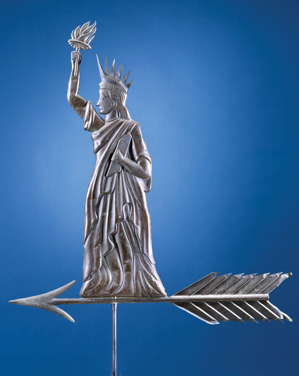 Fig. 11: Liberty Enlightening the World, weathervane, New York State or New England, ca. 1900–1910. Copper and zinc alloy. H. 39-1/4, W. 36-3/4, D. 2-1/2 in. Gift of Abby Aldrich Rockefeller (1932.800.4).