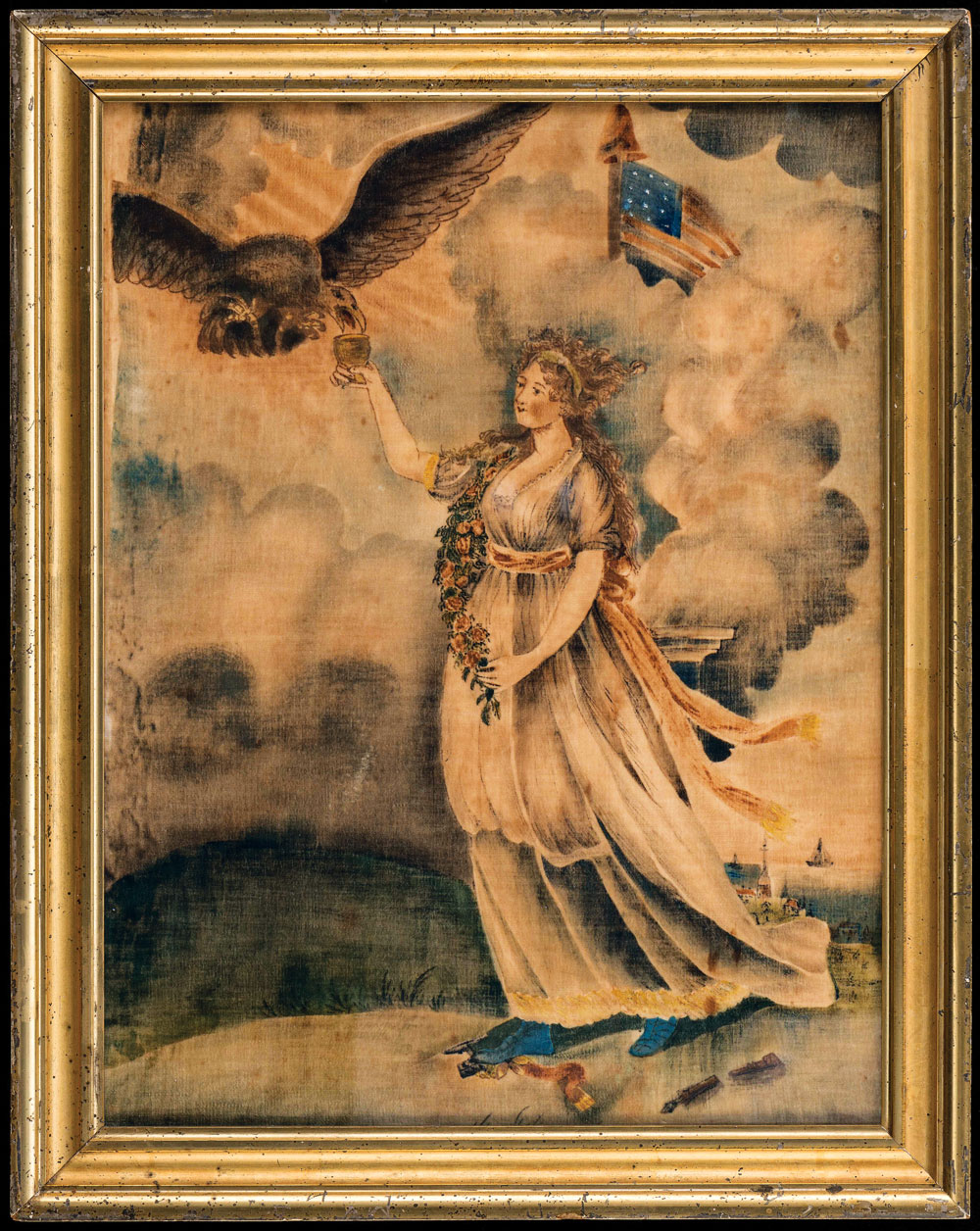 Fig. 12: Liberty, United States, ca. 1800-1830. Cotton, velvet, and paint, 21-1/2 x 16-3/4 inches. Museum Purchase (1958.401.1).
