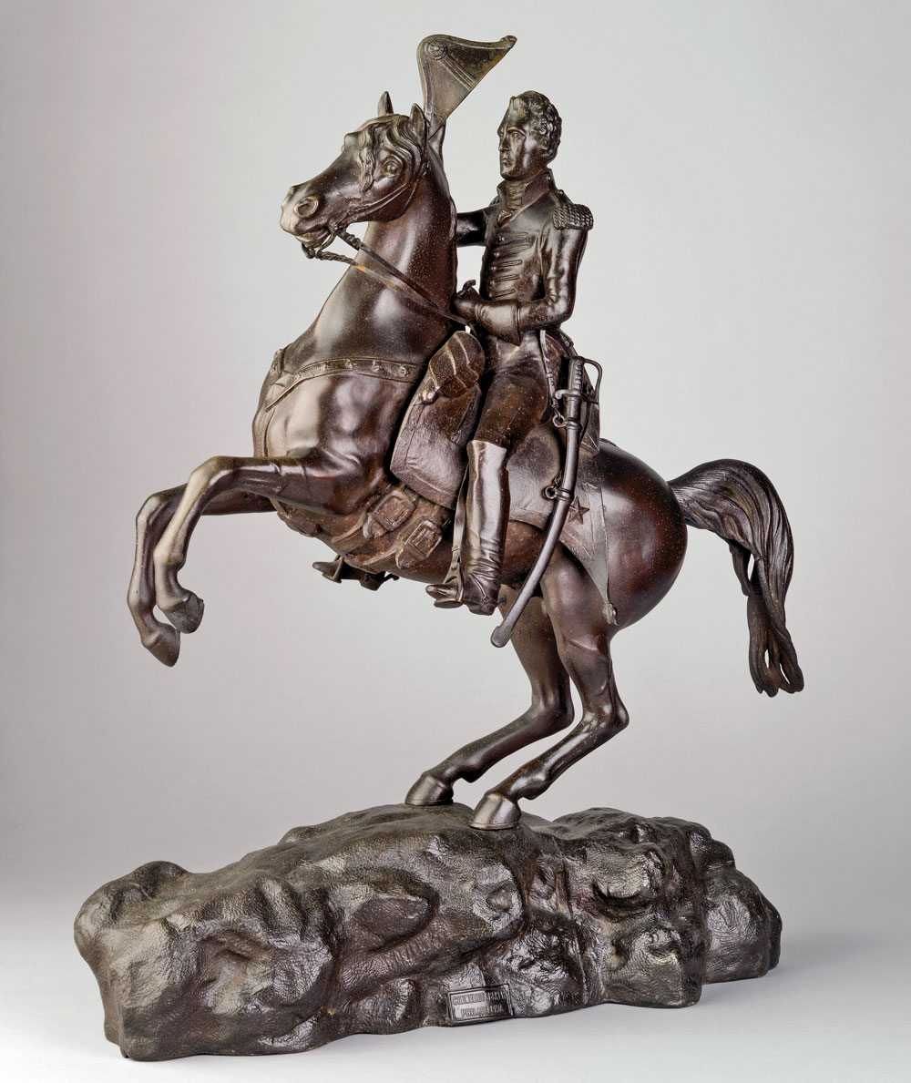 Fig. 11: Andrew Jackson on Horseback, by Cornelius & Baker, Philadelphia, 1855–1860. Bronzed zinc. H. 24 in. The original statue of heroic size was designed and cast in bronze by Clark Mills (1810–1883) and placed in Lafayette Park, in front of the White House in Washington, D.C., in 1853. In 1855, Mills patented the design and contracted with Cornelius & Baker to cast reductions in bronzed zinc for sale to the public. Private collection.