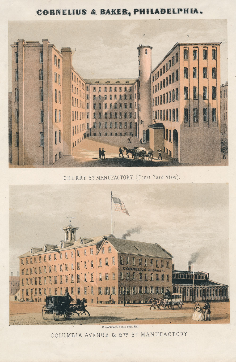Fig. 3: Views of Cornelius & Baker’s two manufactories, one on Cherry Street above 8th and the other on Columbia Avenue and 5th Street, Philadelphia. The buildings, although about twenty blocks apart, were connected by a telegraph line for instant communication. Courtesy the Library Company of Philadelphia.