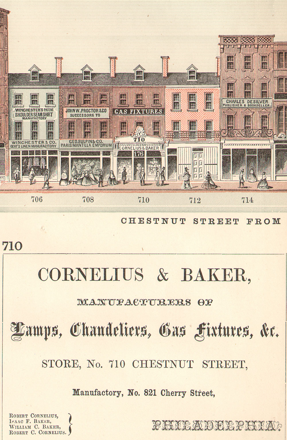 Fig. 4: View of Cornelius & Baker’s show and sales room at 710 Chestnut Street, with their trade card advertisement below. Courtesy Winterthur Library: Joseph Downs Collection of Manuscripts and Printed Ephemera.