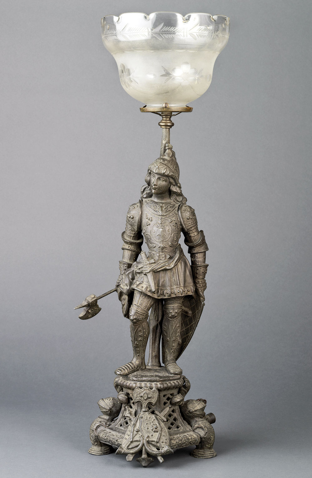 Fig. 6: Gas pillar made by Cornelius & Baker, Philadelphia,1853-1860. Bronzed zinc, brass, glass. H. 22½ in. The catalogue of the Franklin Institute’s twenty-fourth exhibition of American manufactures held in Philadelphia in 1853 described this fixture as “Gas pillar, Knight in Armour.” Private collection.