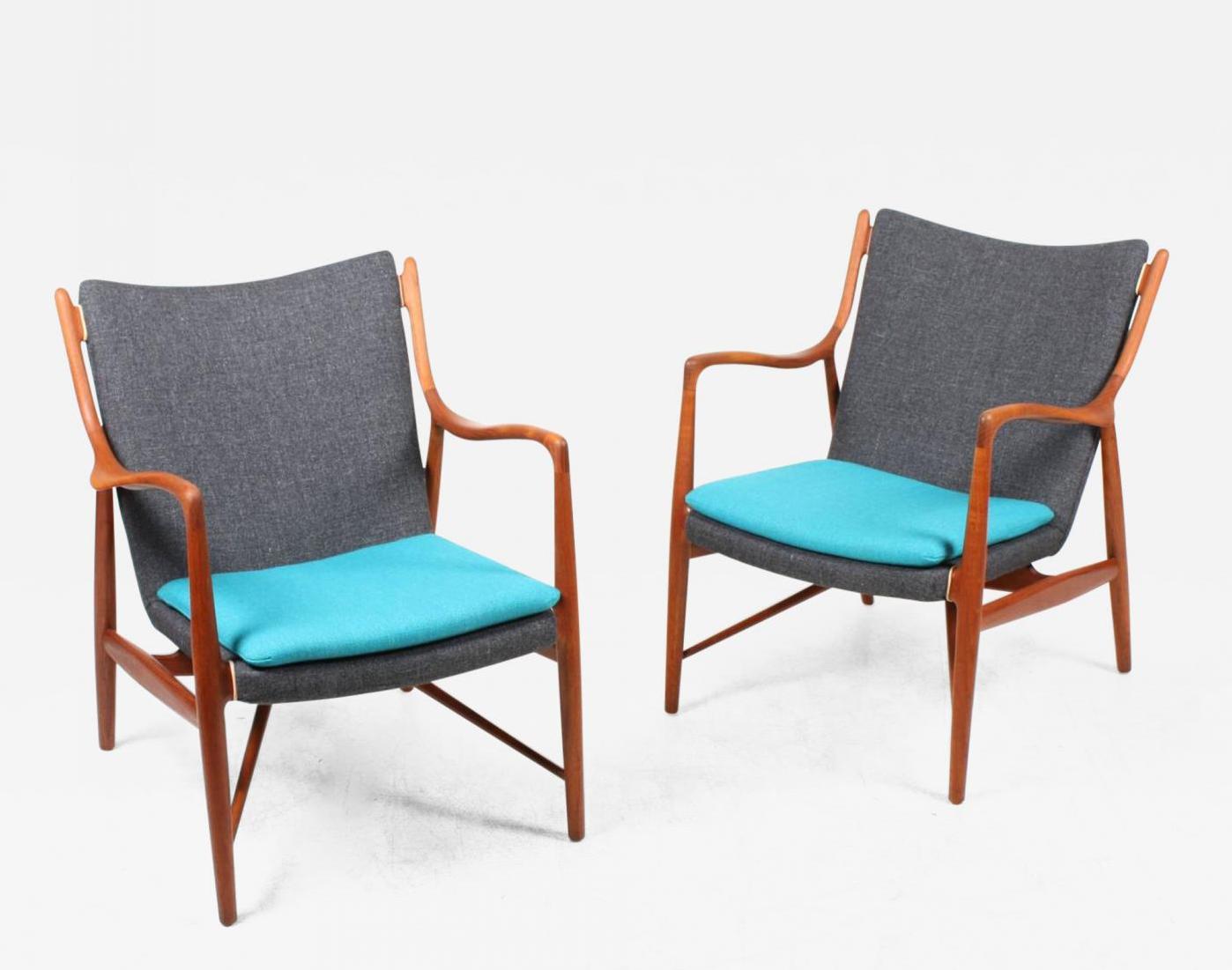 Pair of NV45 lounge chairs in teak designed by Finn Juhl for Niels Vodder Cabinetmakers in 1945. Offered by FK-gallery.