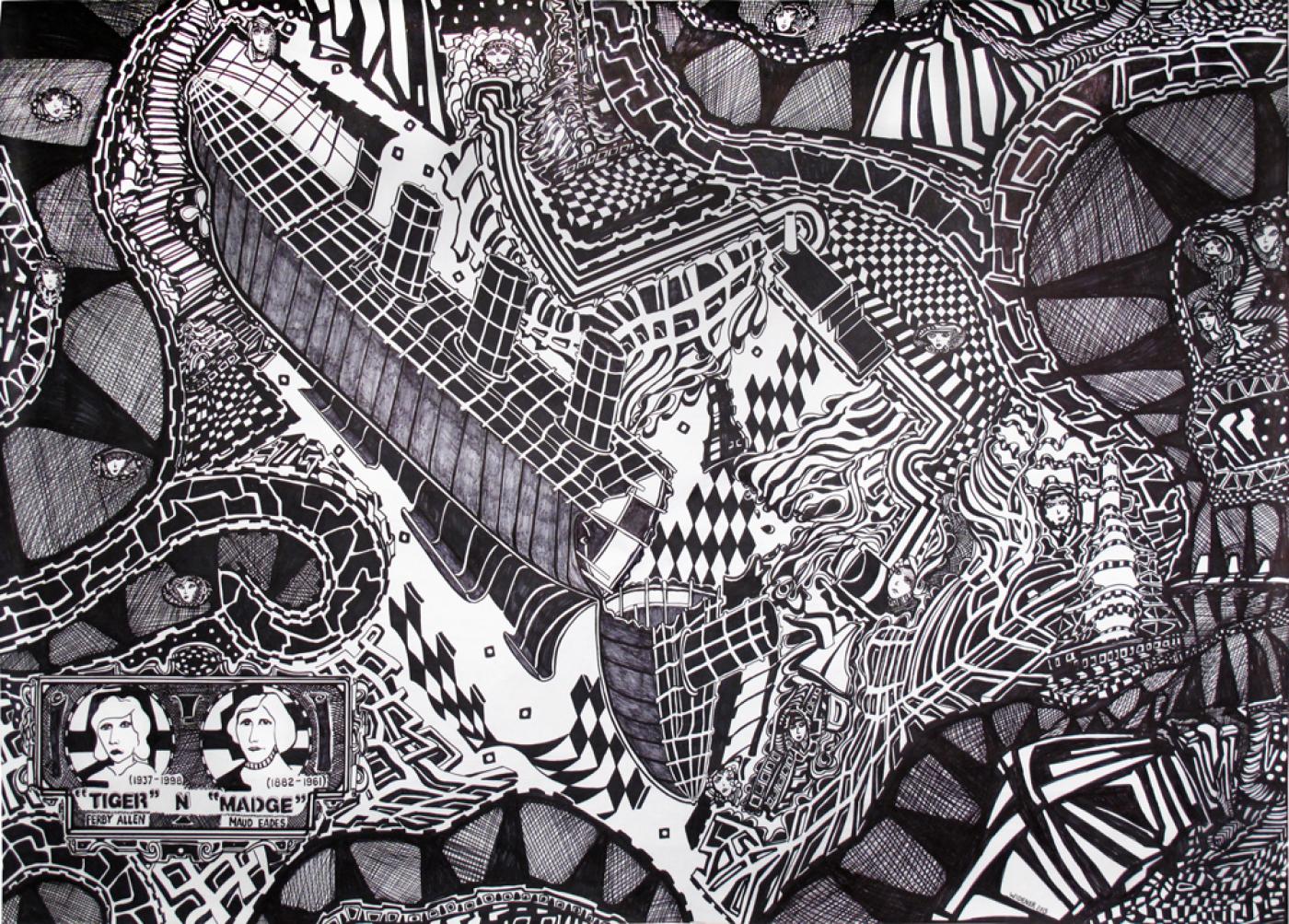 George Widener, Tiger N' Madge, 2013. Ink on paper, 68 x 48 inches. Offered by Ricco Maresca, who will exhibit at the Outsider Art Fair.