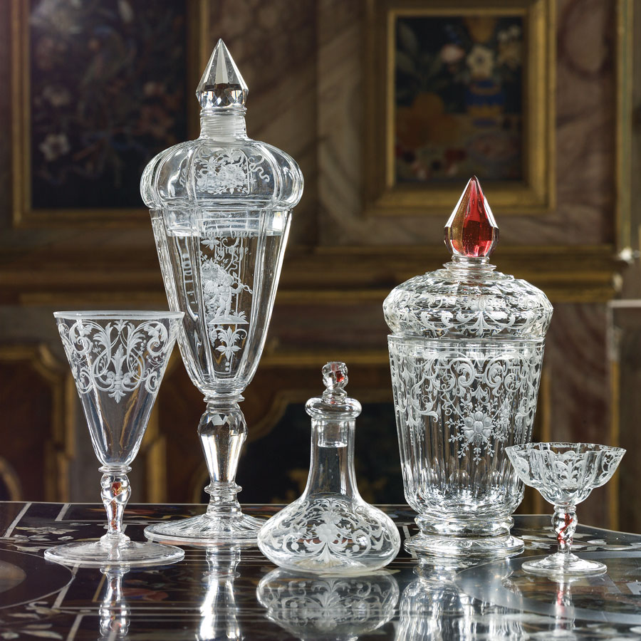 Luxury glass vessels on the Pietra Dura table in the Florentine Cabinet. Bohemia, first third of the 18th century. Photography by Martine Beck Coppola.