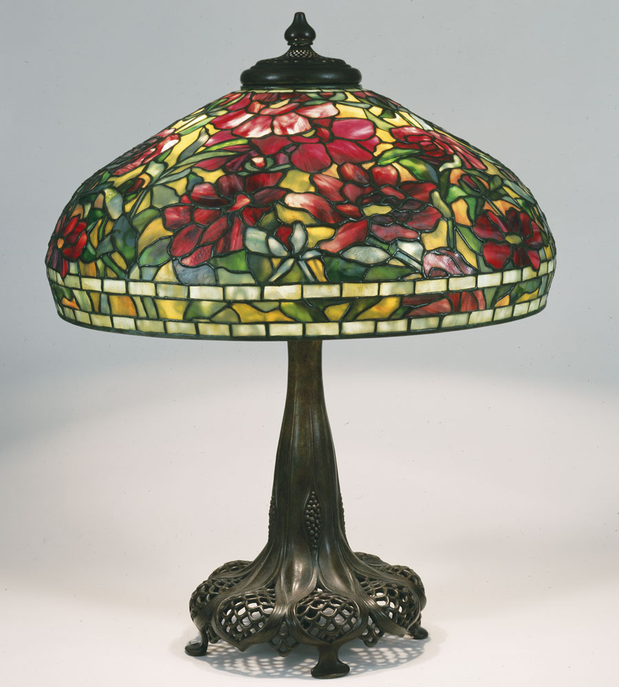 Fig. 4: Peony shade, designed by Clara Driscoll circa 1900–1904, model 1505. Diam.: 22 in. Base designed pre-1906, model 397. The New-York Historical Society, gift of Dr. Egon Neustadt. Photography by Glenn Castellano.