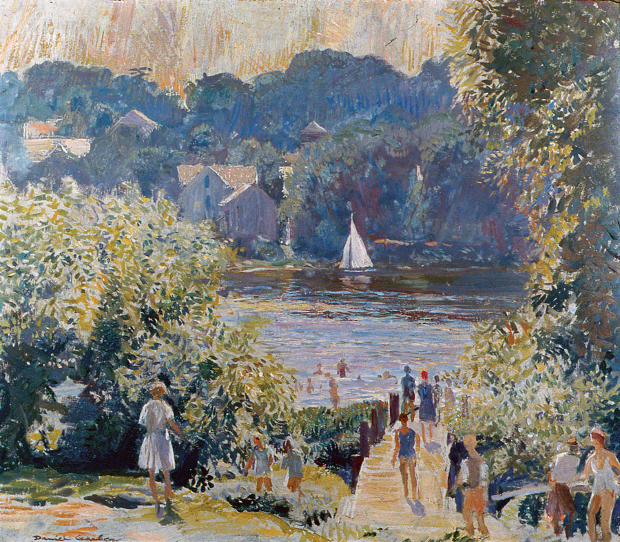 Daniel Garber, Lambertville Holiday, July 1941. Oil on composition board, 13-3/8 x 15-15/16 inches. James A. Michener Art Museum, Gift of Kenneth W. Gemmill and Helen M. Gemmill.