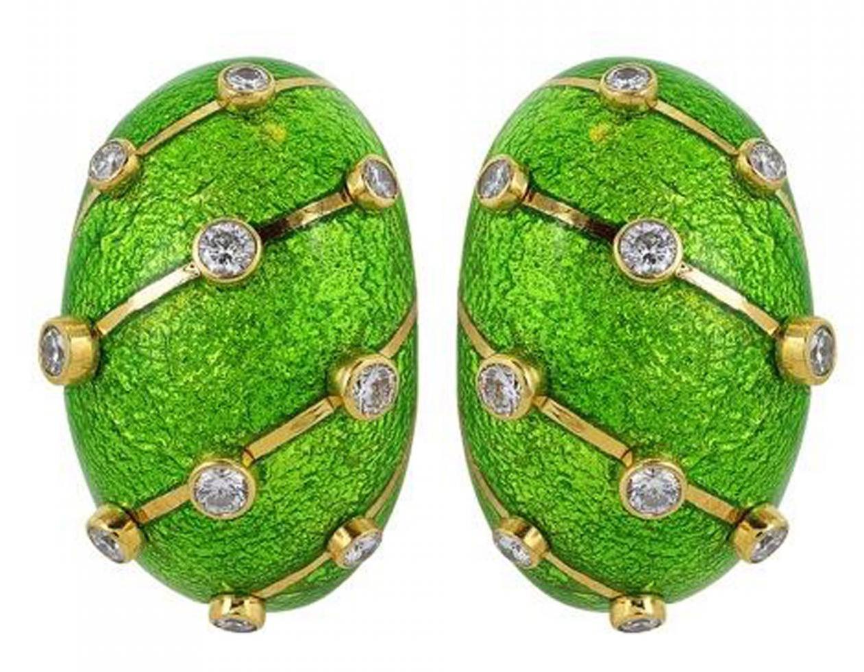 Green Enamel & Diamond Banana Earrings, signed Tiffany & Co., designed by Schlumberger.