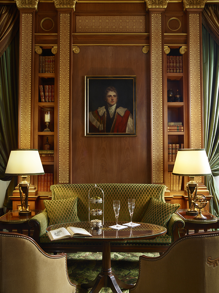 The intimate Library Bar is lined with bookcases and handsome leather-bound volumes, decorated with beautiful wood marquetry wallpaper and furnished with sofas and wing-chairs.