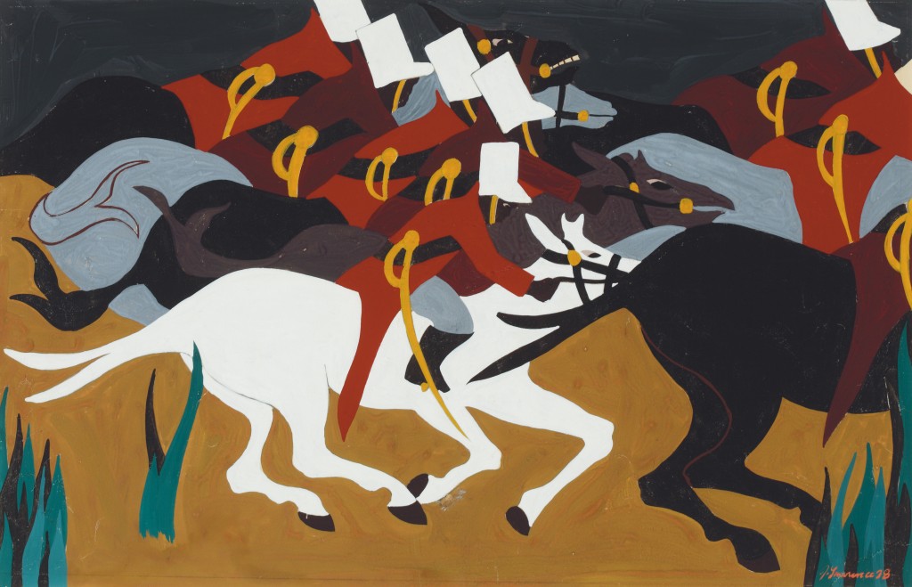 Jacob Lawrence, Toussaint L’Ouverture series, no. 34: Toussaint defeats Napoleon’s troops at Ennery. 1938, tempera on paper. Amistad Research Center, New Orleans, Louisiana, Gift of the Harmon Foundation, 1982.