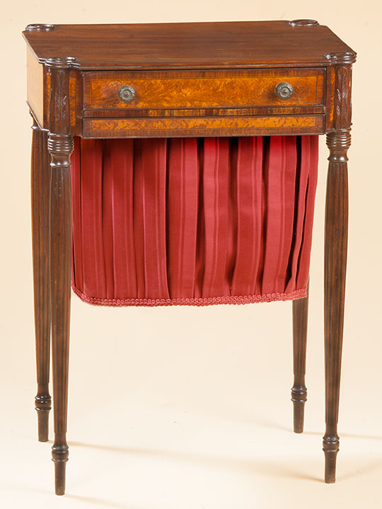 Fig. 5: Federal Carved and Figured Inlaid Work Table, North Shore, probably Salem, Massachusetts, circa 1800. Primary woods: mahogany, flame birch, rosewood, veneer; secondary woods: mahogany, pine. H. 28 ½, W. 20 ¼, D. 15 ½ inches. Image courtesy of Bernard and S. Dean Levy.