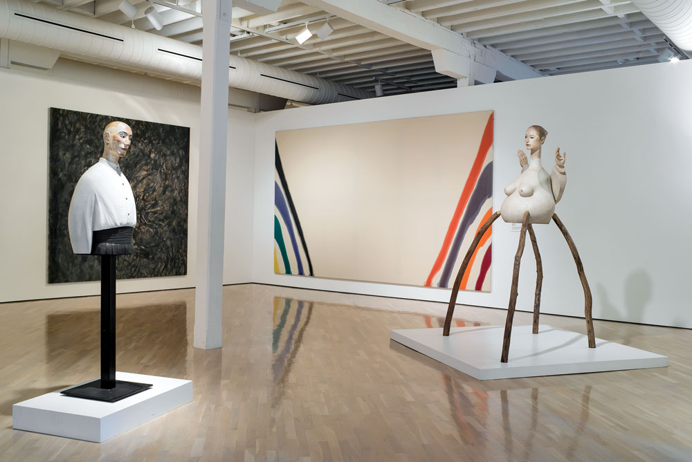 Installation with (left to right) Katsura Funakoshi’s (Japan, b. 1951) Staying in the Water, 1991; Howard Mehring’s (1931–1978) Black, 1958; Morris Louis’ (1912–1962) Alpha Nu, 1960; and Funakoshi’s Lunar Eclipse in Forest, 2007. Photography by Paul Kirchner.