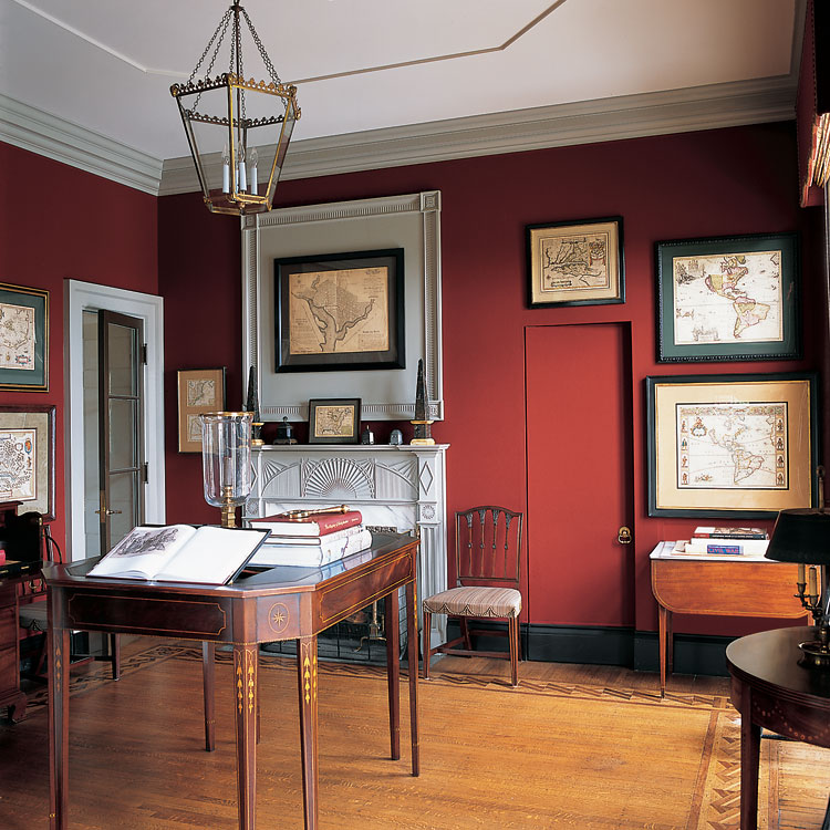 The demilune table on the right has the distinctive dot inlay associated with Holmes Weaver (1767–1848) of Newport, Rhode Island. The map of Washington D.C. over the mantel is the 1792 Thackera and Vallance (of Philadelphia) engraving of Ellicott’s “official” plan for the District of Columbia. Ellicot, L’Enfant’s assistant, became the official planner of the district after L’Enfant’s departure.