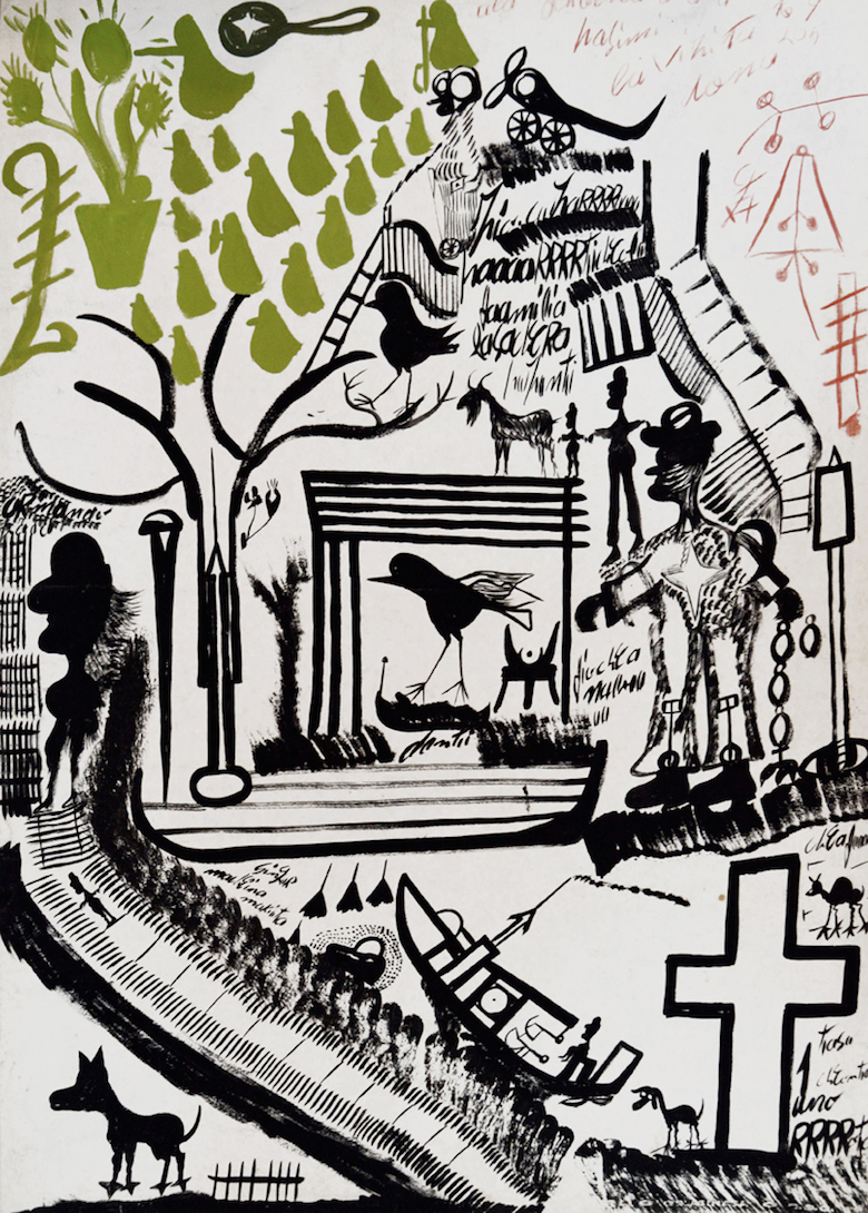 Carlo Zinelli, Untitled, 1968-69. Tempera on paper, 27.6 x 19.7 in. Courtesy of Maroncelli 12, exhibited at the Outsider Art Fair.
