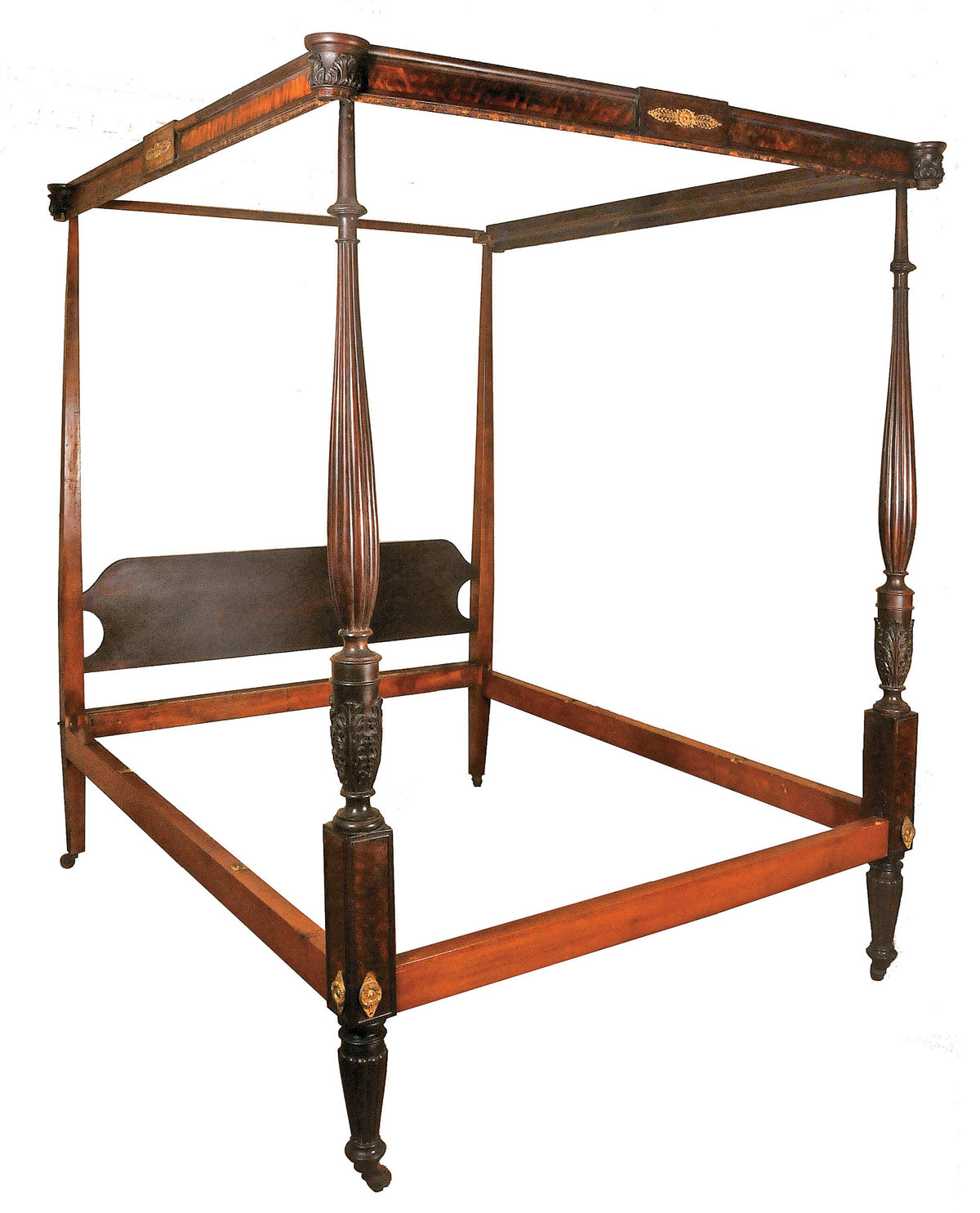 Attributed to Thomas Seymour (1771–1848), Bedstead, circa 1812-1817, Boston, Mass. Mahogany, bird’s-eye maple veneer; ash, eastern white pine, and birch secondary woods. Courtesy Mary M.B. Wakefeld Charitable Trust, Milton, Mass. Photography by Robert Mussey.