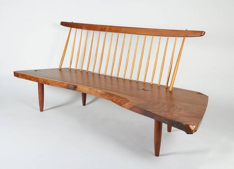 Conoid Bench by George Nakashima, 1981. Hickory, walnut, rosewood. Offered by Lost City Arts.