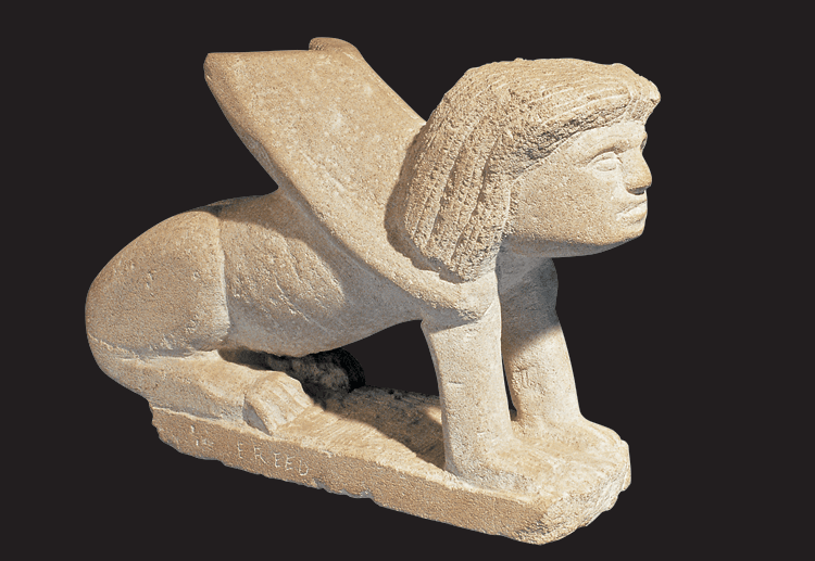 E. “Popeye” Reed (1919–1985), Sphinx, 1968. Carved limestone, 18 x 12 x 5 in. Courtesy of Mike and Cindy Noland. This winged sphinx is perhaps the most modern of all of Popeye's carvings. The wings act as a design element, and are more like airfoils on a hot rod than a naturalistic detail. Since limestone was not as readily available as native sandstone, Popeye reserved it for special pieces.