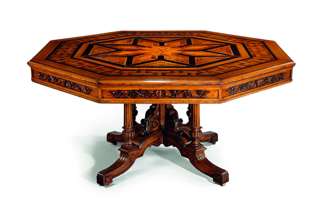 19th century oak and parquetry center table, 30