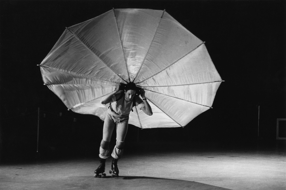 Photograph of Robert Rauschenberg’s Pelican (1963) as performed in a former CBS television studio, New York, during the First New York Theatre Rally, May 1965. © The Robert Rauschenberg Foundation, New York. Photo: Peter Moore © © Barbara Moore / Licensed by VAGA, NY. Courtesy of Paula Cooper Gallery, New York.