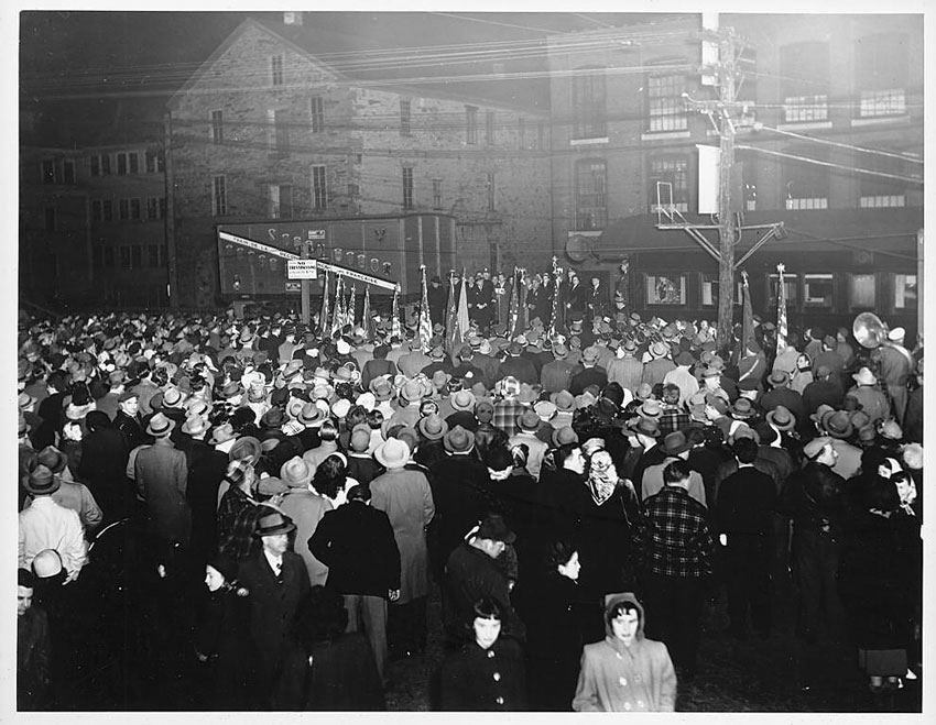 Fig. 1: Rhode Island greets the train. The Merci America Boxcar photograph album, 1949. State Archives of Rhode Island. http://sos.ri.gov/archon/