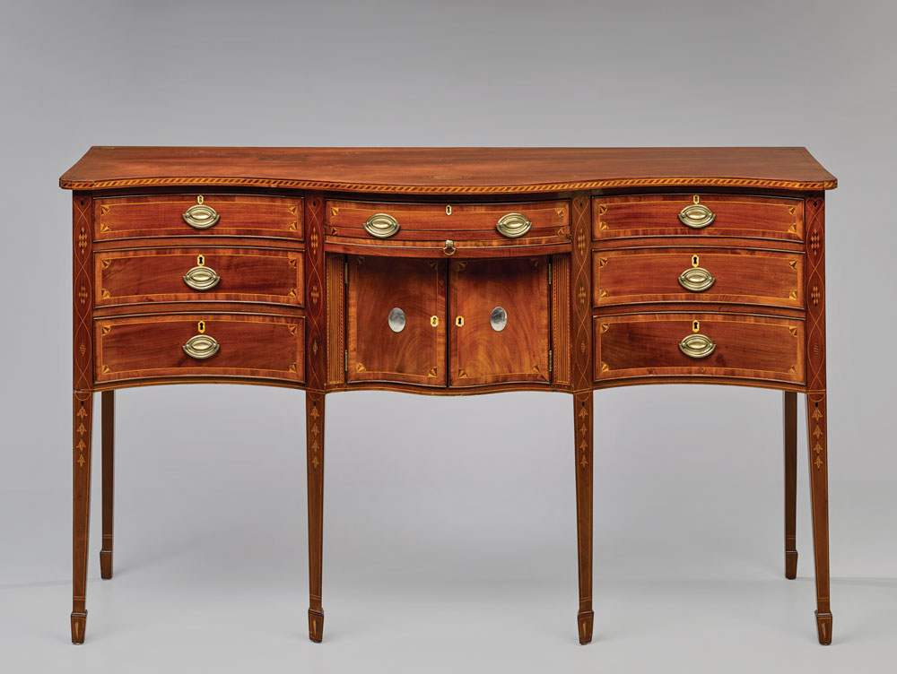 Fig. 4: Sideboard, probably Providence, 1803. Mahogany and light and dark wood inlay (primary); cherry, pine, yellow poplar, and chestnut; silver plaques. H. 40-3/8, W. 66-1/8, D. 23-7/8 in. Private collection; photo by Richard House. (RIF1352).
