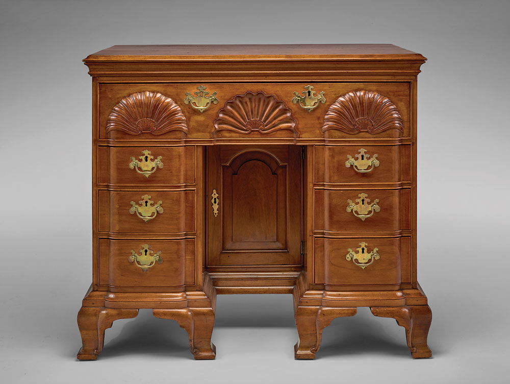 Fig. 3: Bureau table by Edmund Townsend, Newport, 1764. Blond mahogany (primary); yellow poplar (secondary). H. 32-1/2, W. 36, D. 19-1/2 in. Private collection; photo by Thomas R. DuBrock. (RIF685).
