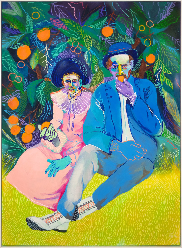 John Holcomb, Apricot Afternoon Acrylic and pastel on canvas, 2016, 50 x 33 in. Courtesy of Rebecca Hossack Art Gallery. This work will be exhibited at the Outsider Art Fair.