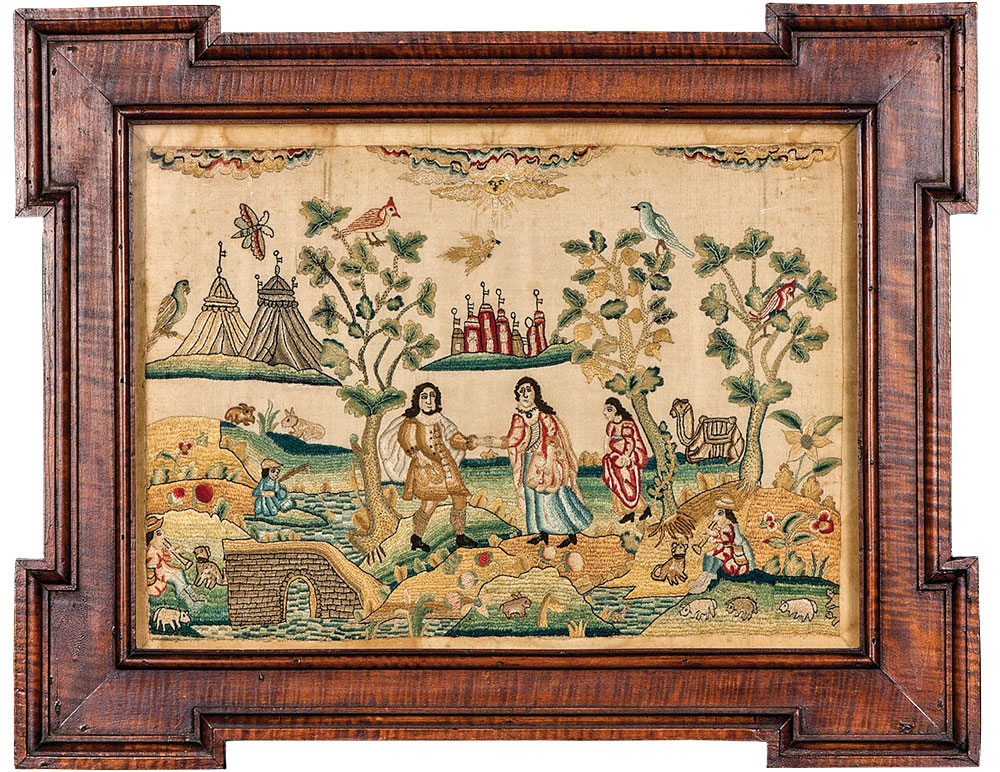 Fig. 1: Needlework picture, probably depicting the meeting of Isaac and Rebecca. Attributed to Nancy Ann Carlisle, ca. 1690–1740. Mid-Atlantic region, possibly worked in Philadelphia. Embroidered silk on satin weave silk. Museum purchase with funds provided by Lammot du Pont Copeland (1953.0152.007A). Courtesy Winterthur Museum.