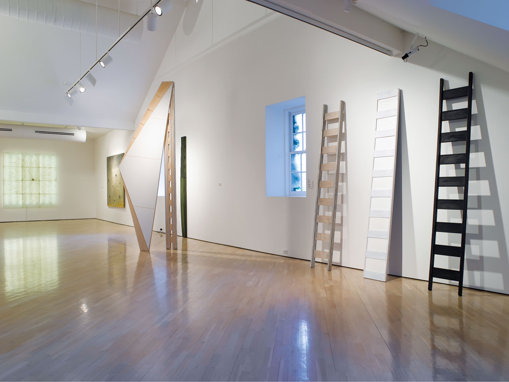 Installation of works by Robilee Frederick (b. 1931) and Bruce Robbins (b. 1948). Left to right: Frederick’s Terra Incognita, 2007 and Light Gatherers, 2008. Robbins’ Tower Slide, 1986; Green Pilaster, 1978; Ladder, 1976; White Plank, 1977; and Black Ladder, 1976. Photography by Paul Kirchner.