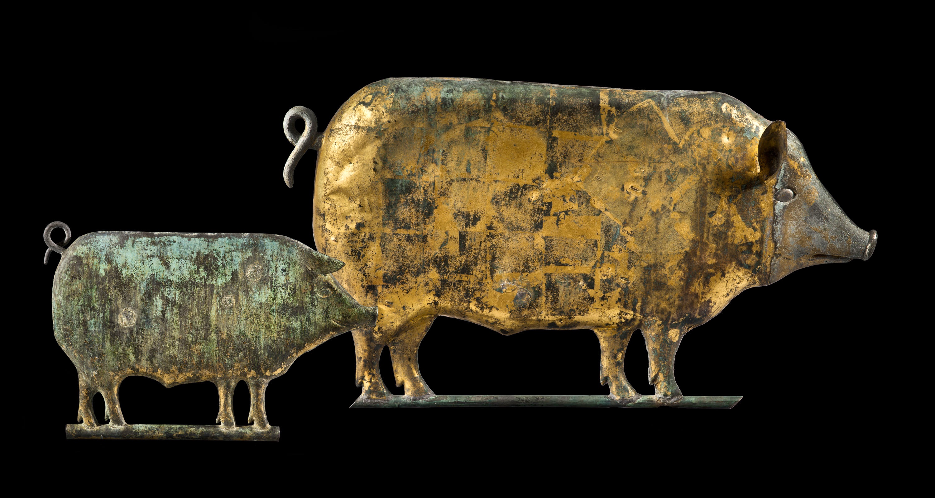 Fig. 4: Pig weathervanes attributed to L. W. Cushing and Son, Waltham, Massachusetts, circa 1872-1900. Image courtesy of David A. Schorsch and Eileen M. Smiles.