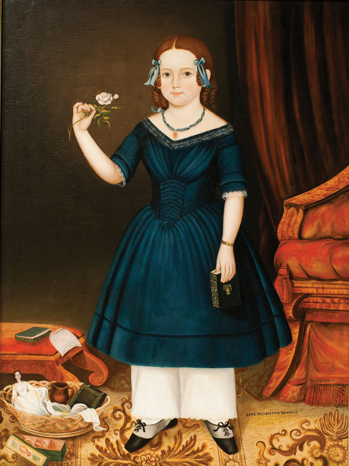 Joseph Whiting Stock (1815–1855), Jane Henrietta Russell, Springfield, Mass., 1844. Inscribed on verso: By J.W. Stock/1844; on front: Jane Henrietta Russell. Oil on canvas; 48 x 36¼ inches. Courtesy of Shelburne Museum, Vt.; Museum purchase, acquired from Maxim Karolik (1959).