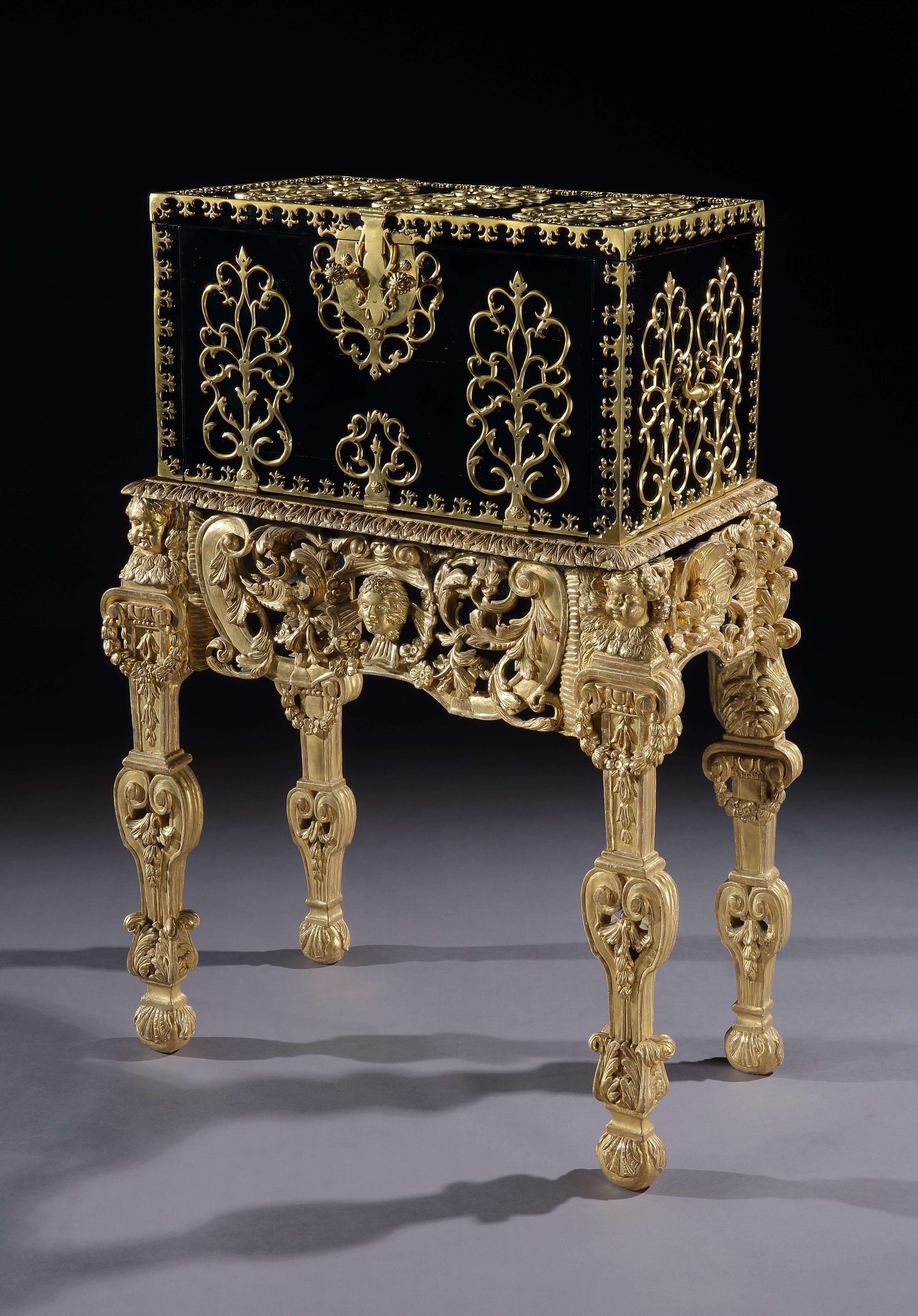 The Hinton House Strong Box, a Rare William and Mary Bound Edonised Strong Box on Giltwood Stand, English, c. 1690. Available through Ronald Phillips, LTD.