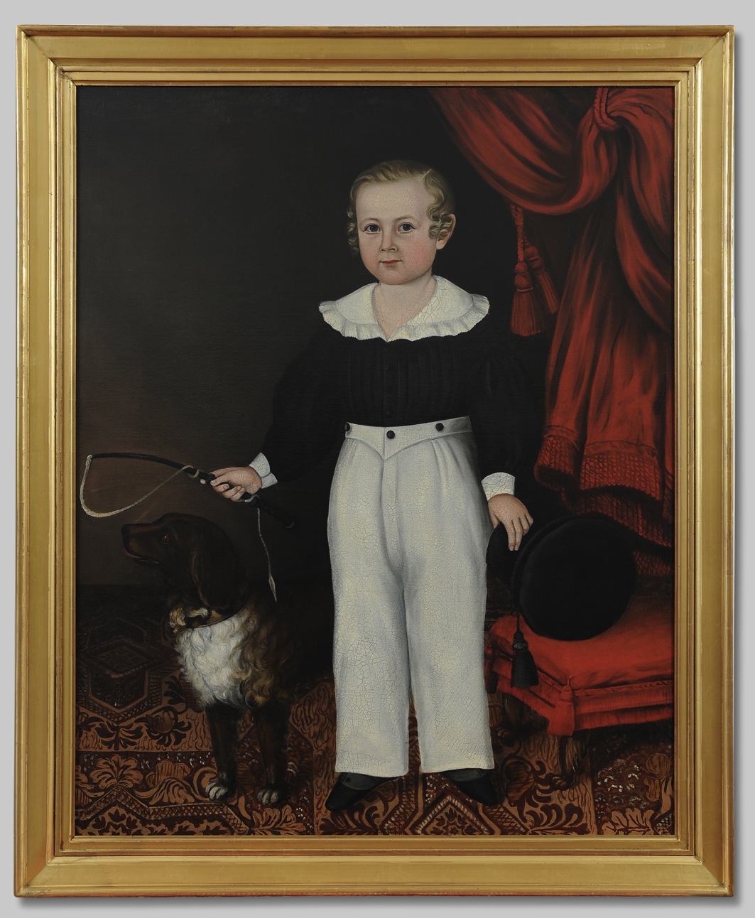 Fig. 3: Joseph Whiting Stock (1815‒1855), American, active New York/New England circa 1840‒1845. Full length Portrait of a Young Boy with His Dog. Presumably Porter Whipple, Age 5, circa 1840‒1845. Unsigned Oil on canvas, 47 x 38 inches. Image courtesy of Jeffrey Tillou Antiques.